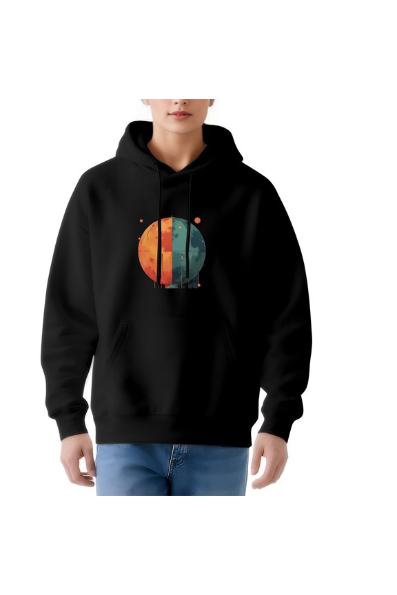 Women's Long Sleeve Hoodie Pullover Sweatshirt - Black with Colorful Globe Graphic Modern Artistic Design Front Pocket & Drawstrings