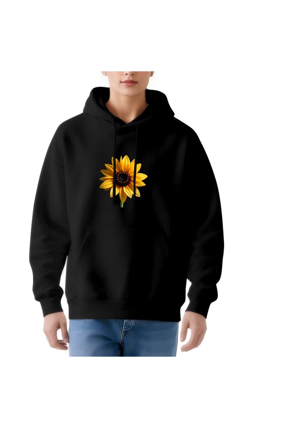 Women's Long Sleeve Hoodie Pullover Sweatshirt - Black with Vibrant Sunflower Print Front Pocket Stylish & Cozy