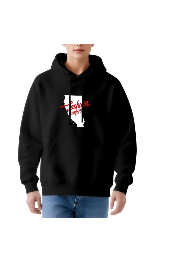 Women's Long Sleeve Hoodie Pullover Sweatshirt - California Graphic Design with ' Fashion Comfort ' in Red Cursive Relaxed Fit Pockets