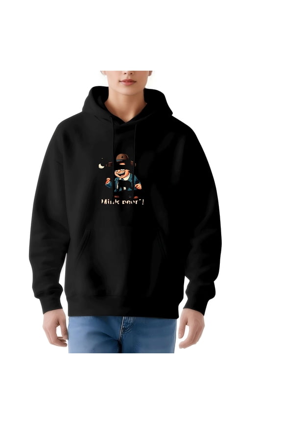 Women's Long Sleeve Hoodie Pullover Sweatshirt with Cartoon Character Brown Hat & Blue ' Mind go ' r ' Text Fun Design with Pockets
