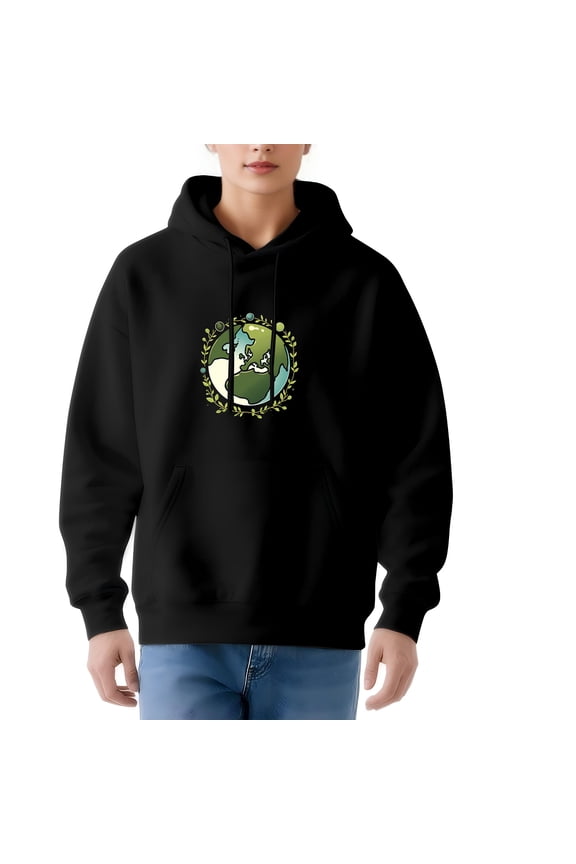 Women's Long Sleeve Hoodie Pullover Sweatshirt with Front Pocket Green and White Globe Graphic Surrounded by Yellow Leaf Wreath