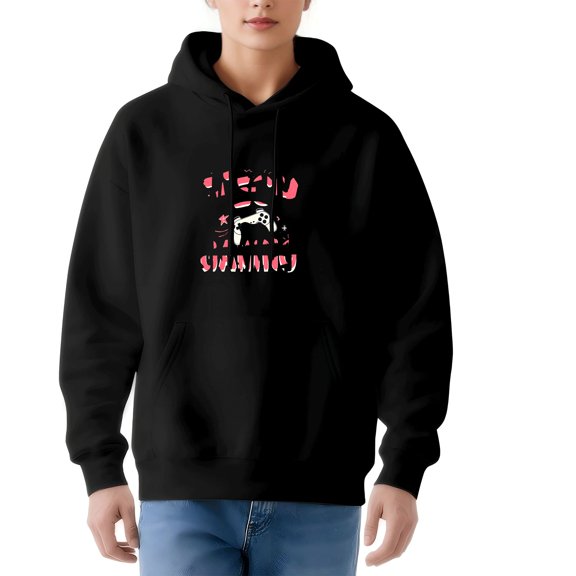 Women's Long Sleeve Hoodie Pullover with Front Pocket Graphic Design of White Gaming Controller & Pink ' GAMING SHAMORY ' Text