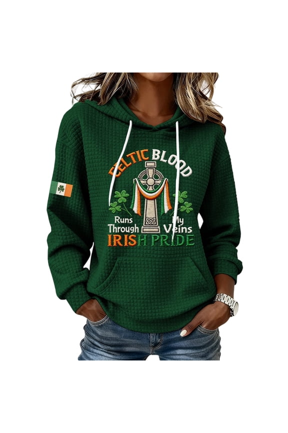 Women’s Long Sleeve Hoodie with Celtic Cross Print Irish Pride Motif Casual Pullover Waffle Knit Sweatshirt Drawstring Hood Green L