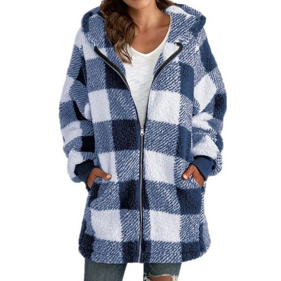 Women's Long Sleeve Jacket Fashion Plaid Plush Comfortable Hooded Top Zippered With Pockets Loose Casual Jacket