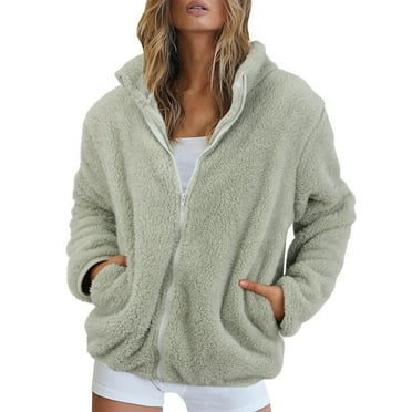 Women's Long Sleeve Jacket Fleece Coat Fuzzy Winter Warm Zip Up Zipper Soft Pocket Outerwear Long Sleeve