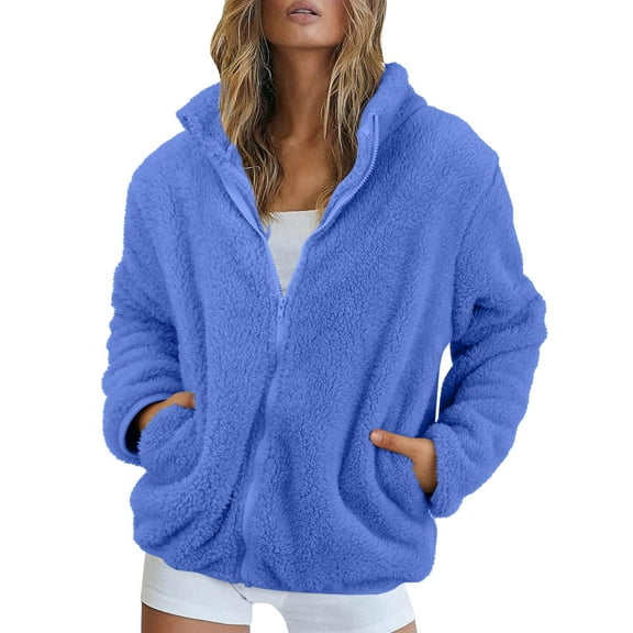 Women's Long Sleeve Jacket Fleece Coat Fuzzy Winter Warm Zip Up Zipper Soft Pocket Outerwear Long Sleeve