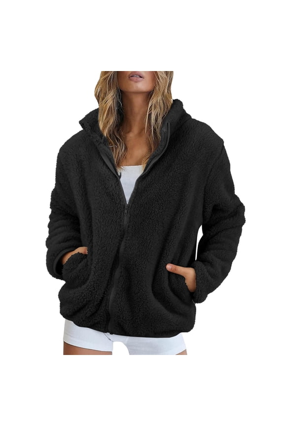 Women's Long Sleeve Jacket Fleece Coat Fuzzy Winter Warm Zip Up Zipper Soft Pocket Outerwear Long Sleeve
