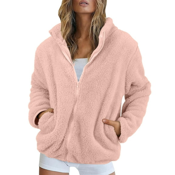 Women's Long Sleeve Jacket Fleece Coat Fuzzy Winter Warm Zip Up Zipper Soft Pocket Outerwear Long Sleeve