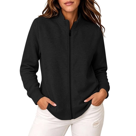Women's Long Sleeve Jacket Full Zip up Sweatshirt Women Workout Zipper Women's Long Sleeve Jacket Athletic Casual Stand Collar Running Sweatshirts Jackets Daily Workout Solid Color,Black,L