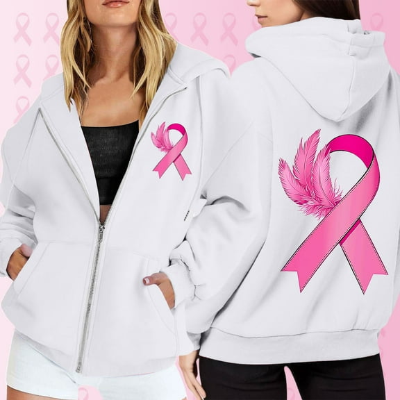 Women's Long Sleeve Jackets Cancer Crew Neck Full Zip Up Hooded Sweatshirts Pink Ribbon Printed 2025 Fall Winter Fashion Y2K Hoodies Top with Pocket