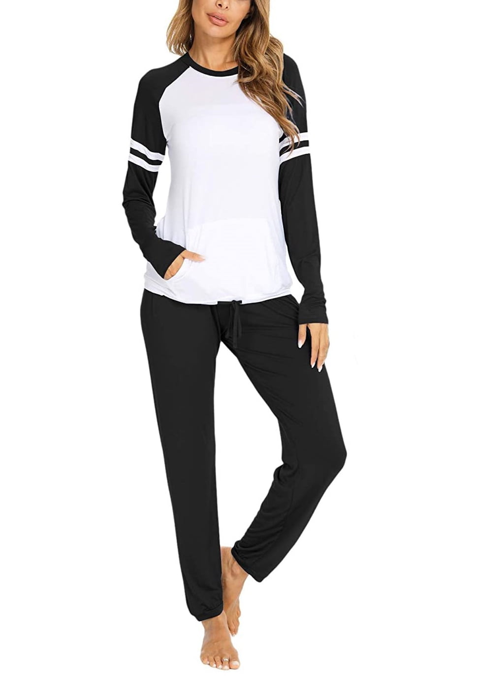 Women's Long Sleeve Jogger Pajamas Set with Pockets O Neck Sleepwear 2