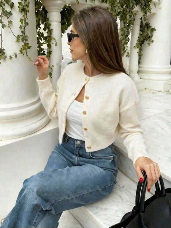 Women's Long Sleeve Knit Cropped Cardigan