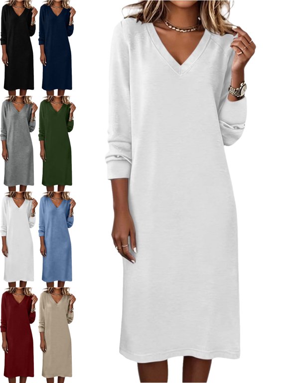 Women's Long Sleeve Knit Dress V Neck Midi Loose Fit Solid Color Casual Fall Winter Dress