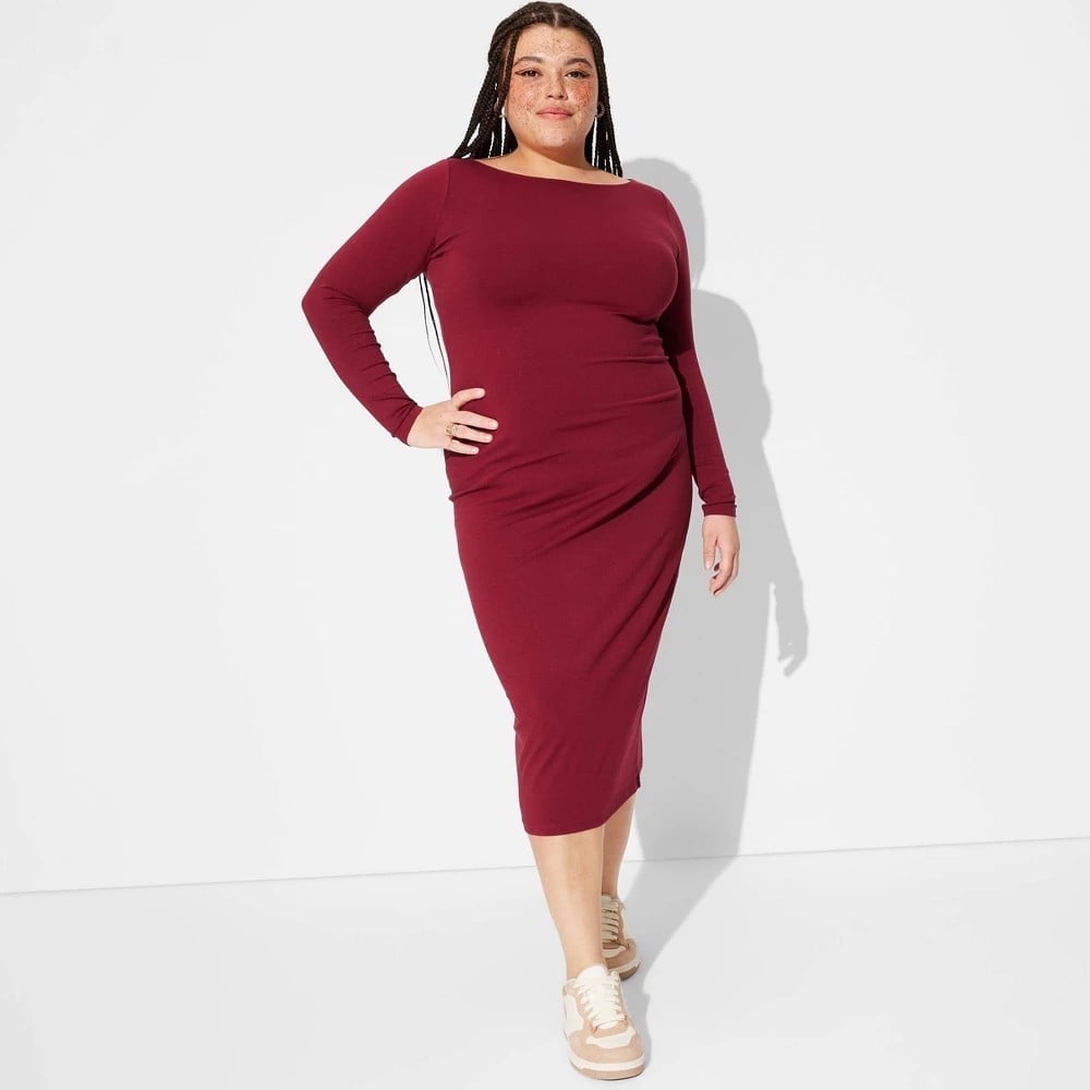 Women's Long Sleeve Knit MIDI Dress Cherry Red 3X - Walmart Business  Supplies