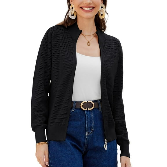 Women's Long Sleeve Knit Mesh Zip Up Cardigan Stand Collar Lightweight Casual Jacket