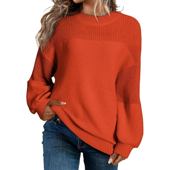 Women’s Long Sleeve Knit Pullover Sweater, Casual Round Neck Loose Fit Soft Tops, Warm Fashion Jumper for Fall Winter Daily Outfits Watermelon Red