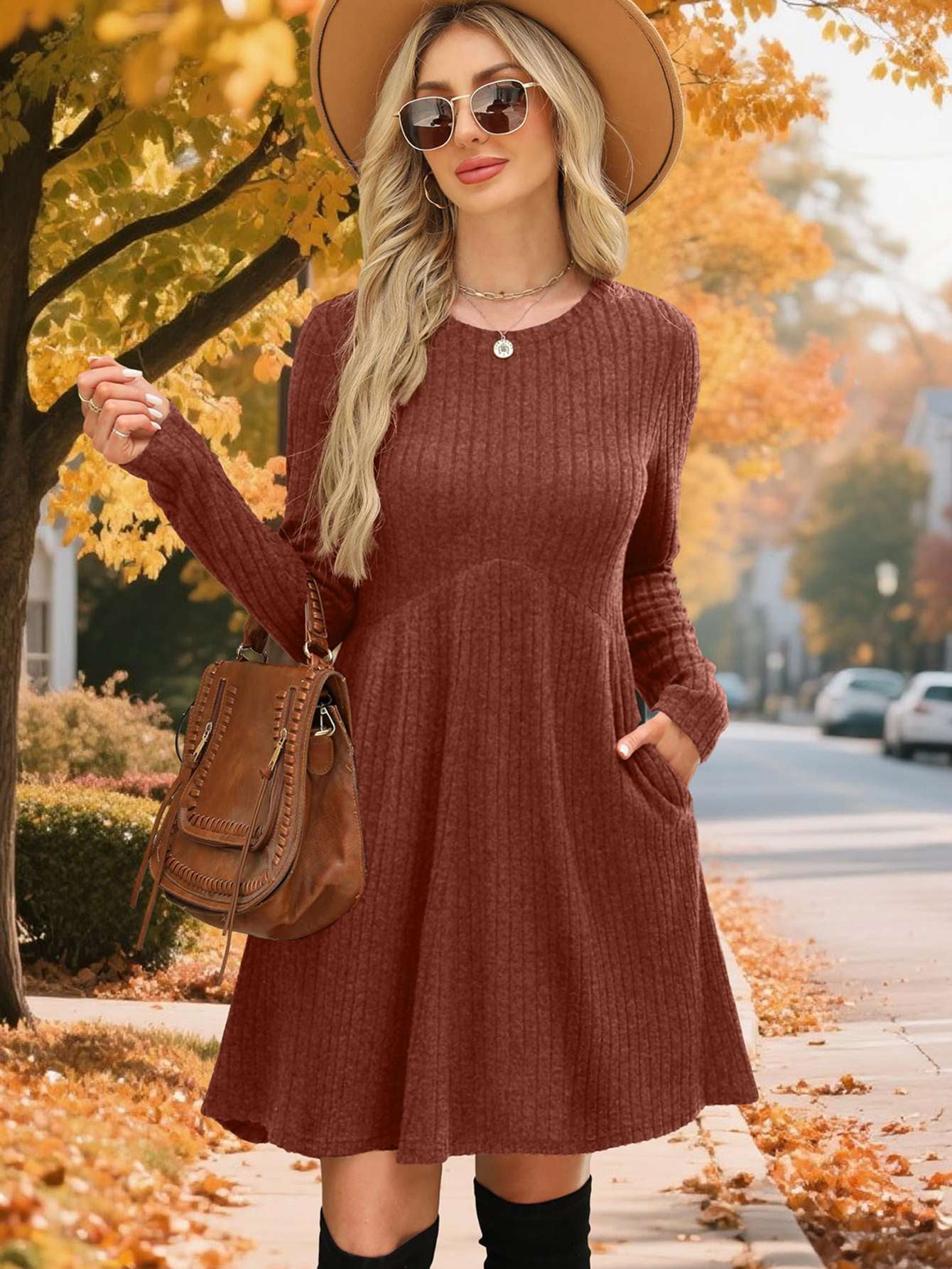 sweater dress empire waist Women Autumn Long Sleeve Ribbed Knit Midi Long Sweater Dress Mock Neck Slim Fit Pleated Flare Empire Waist Solid Color Stretchy Streetwear, Women's,