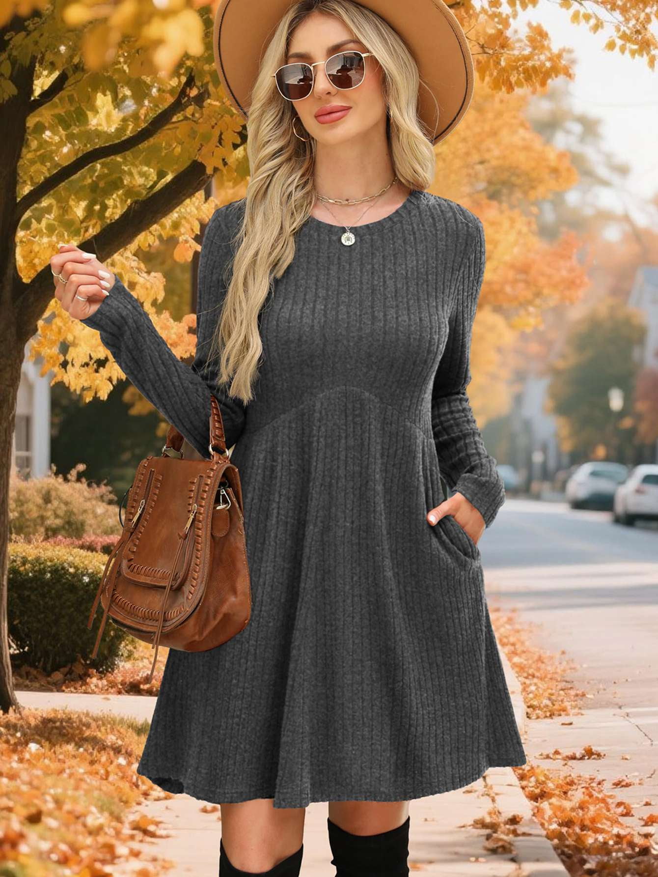 sweater dress empire waist ﻿ Women's Long Sleeve Knit Sweater Dress for Fall Winter, Crew Neck Empire  Waist Tunic with Pockets