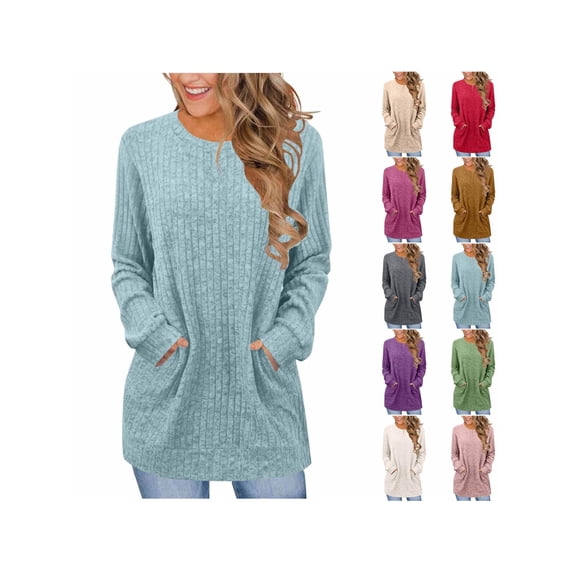 Women's Long Sleeve Knit Sweater Top, Ribbed Crew Neck Tunic Shirt with Side Pockets, Loose Fit Casual Pullover for Fall and Winter