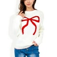 thumbnail image 1 of Women's Long Sleeve Knit Sweater with Bow Detail and Contrast Stitching - Large, White, 1 of 6