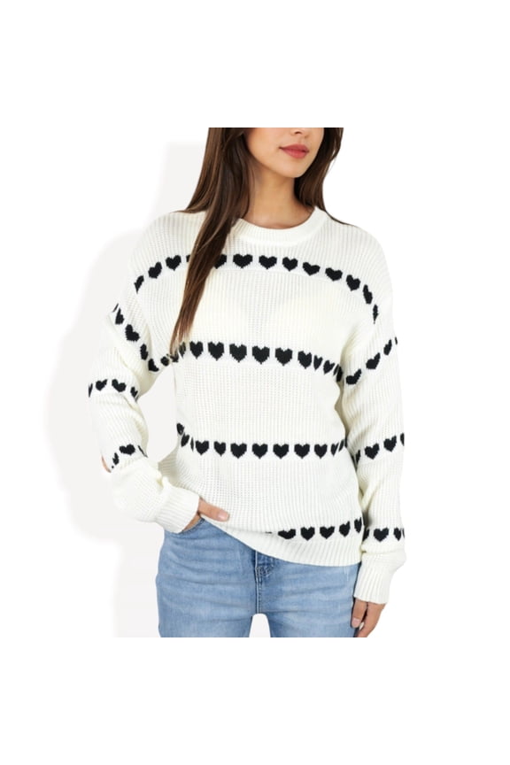Women's Long Sleeve Knit Sweater with Heart Pattern and Crew Neck- Medium, White