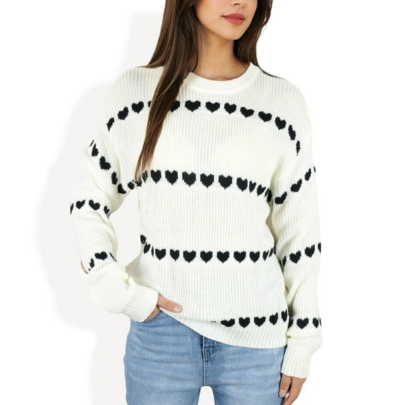 Women's Long Sleeve Knit Sweater with Heart Pattern and Crew Neck- Medium, White