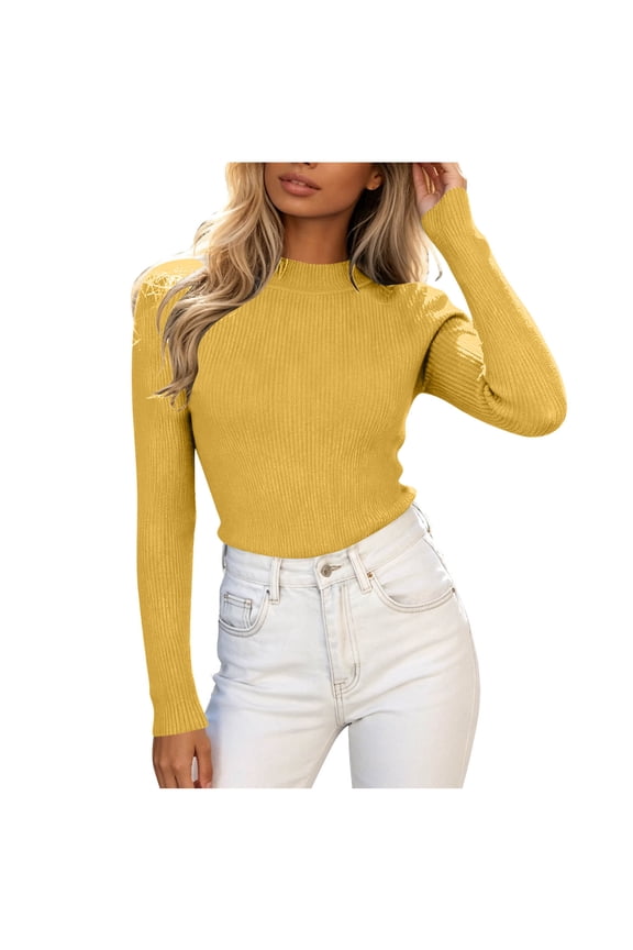 Women's Long Sleeve Knit Top Slim Fit Soft Stretchy Base Layer Fall Winter Casual Pullover Sweater for Ladies Yellow