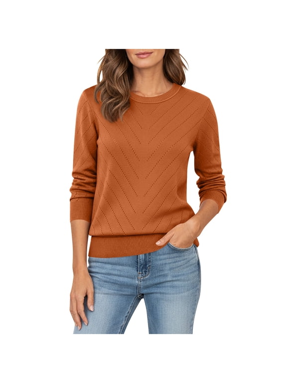Women's Long Sleeve Knit Tops Crew Neck Cinched Hem Soft Shirt Chevron Hollow Out Thin Blouse