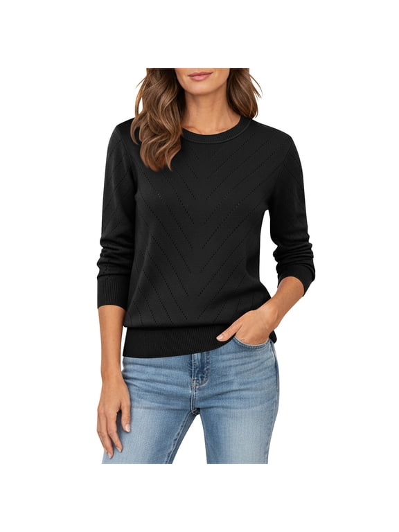 Women's Long Sleeve Knit Tops Crew Neck Cinched Hem Soft Shirt Chevron Hollow Out Thin Blouse