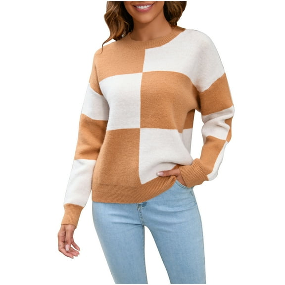 Women's Long Sleeve Knitted Color Block Checkered Sweaters Crew Neck Casual Oversized Pullover Sweaters