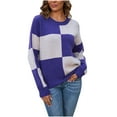 thumbnail image 1 of Women's Long Sleeve Knitted Color Block Checkered Sweaters Crew Neck Casual Oversized Pullover Sweaters, 1 of 3