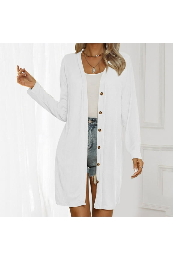 Women's Long Sleeve Knitted Jacket Mid Length Button Solid Ice Silk Knitted Cardigan Oversized Cardigan Lightweight Cardigan Sweaters for Women Knitted Cardigans Knitted Jacket Women Fall Cardigans