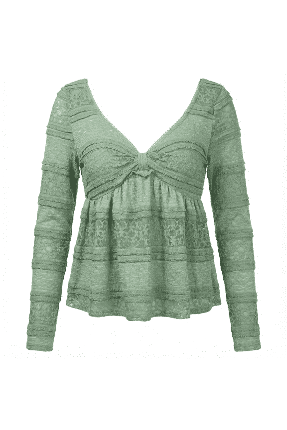 Light Green Women's Long Sleeve Lace Blouse, Bow-Knot Neckline & Bubble Hem Blouse, Elegant Dressy Casual Tops for Work Dating Spring Fall (Mint Green/Sage)