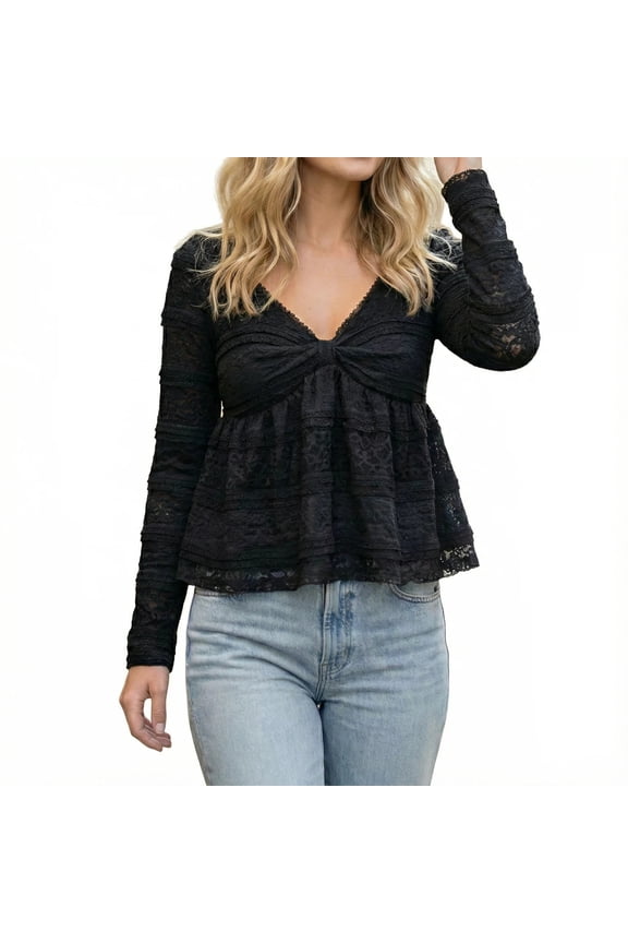 Women's Long Sleeve Lace Blouse with Bow-Knot Neckline & Bubble Hem, Dressy Casual Tops for Spring Fall, Elegant Dressy Shirts for Work Dating (Black/Brown/Light Green, XS-XL)