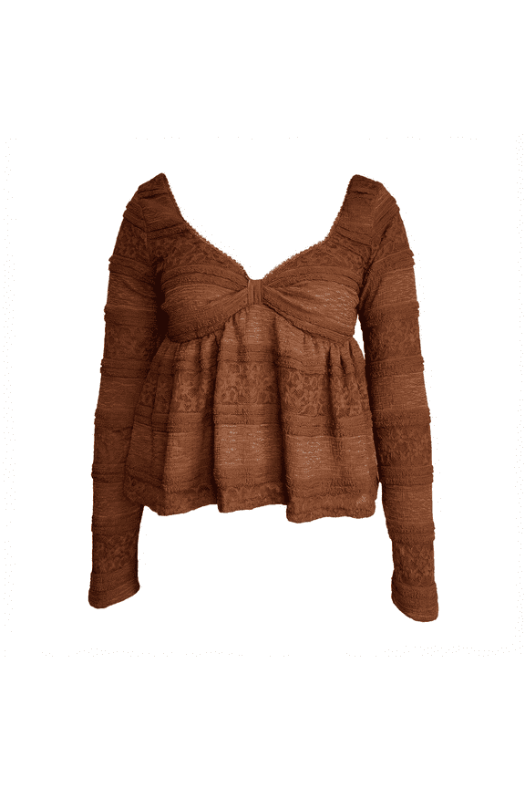 Brown Women's Long Sleeve Lace Blouse, Vintage Bow-Knot Neckline & Bubble Hem, Elegant Fall Blouse for Work, Dating & Autumn Winter Layering (Chocolate/Espresso, XS-XL)