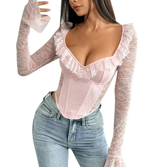 Women's Long Sleeve Lace Bodysuit V Neck Body Suit Shapewear Pink S