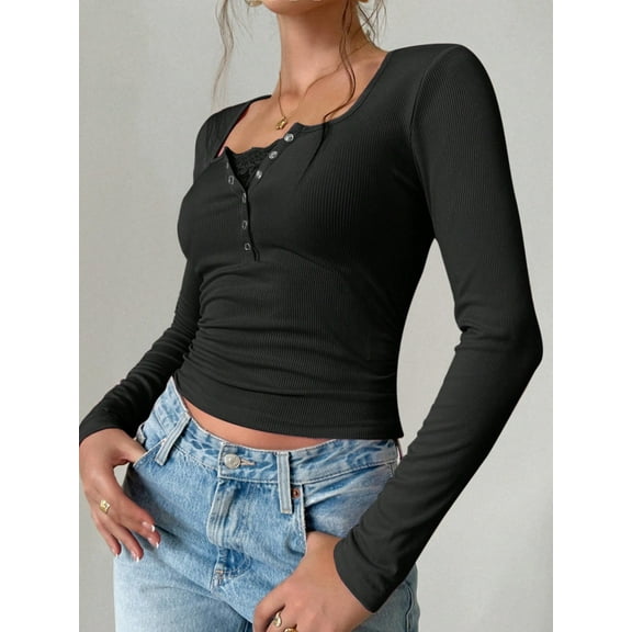 Women's Long Sleeve Lace Detail Henley Top with Decorative Buttons - Small, Black