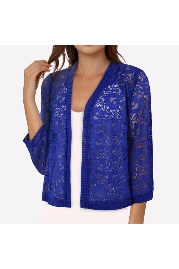 Women's Long Sleeve Lace Print Bolero Shrugs Lace Open Front Sweaters Crochet Hollow Out Crop Cardigans