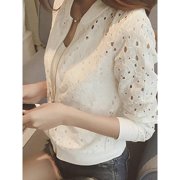 Women's Long Sleeve Lace Tops Casual Hollow Out Bomber Jacket Coat