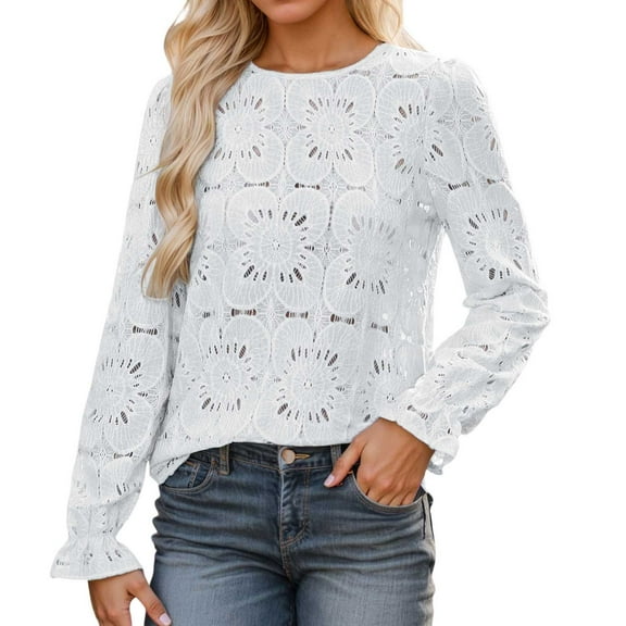 Women's Long Sleeve Lace Tops Elegant Puff Sleeve Blouse Casual Dressy Hollow Out Knitted Shirts for Spring Summer Fall Fashion