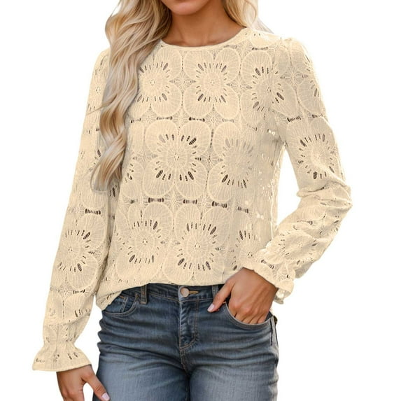 Women's Long Sleeve Lace Tops Elegant Puff Sleeve Blouse Casual Dressy Hollow Out Knitted Shirts for Spring Summer Fall Fashion