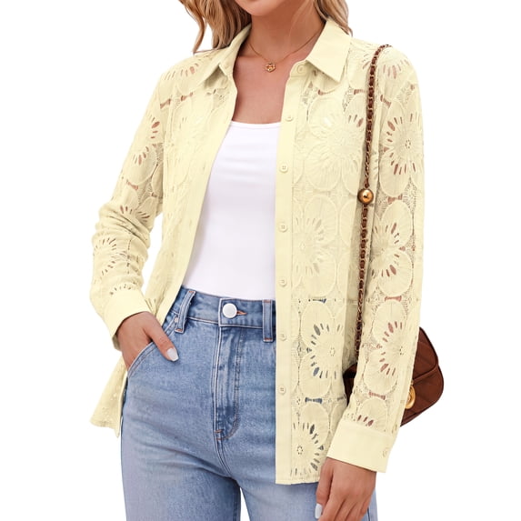 Sundazz Women's Long Sleeve Blouses Lace Floral Crochet Button Down Shirts Dressy Casual Eyelet Tops
