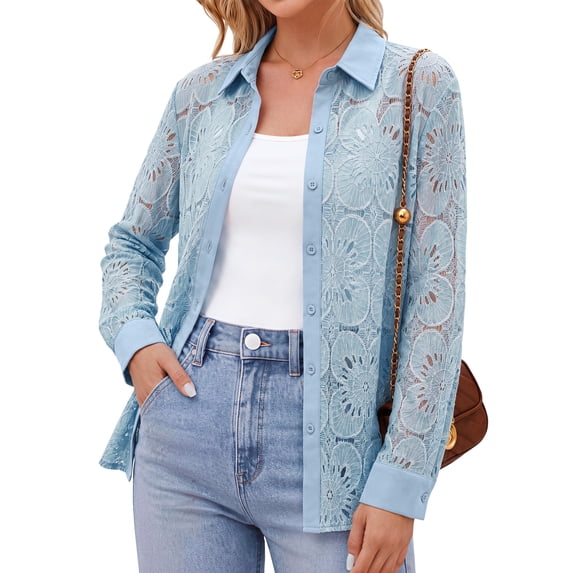Sundazz Women's Long Sleeve Blouses Lace Floral Crochet Button Down Shirts Dressy Casual Eyelet Tops