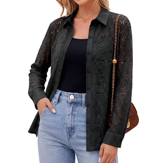 Sundazz Women's Long Sleeve Blouses Lace Floral Crochet Button Down Shirts Dressy Casual Eyelet Tops