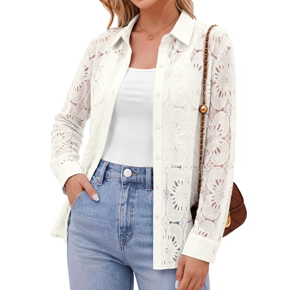 Sundazz Women's Long Sleeve Lace Tops Eyelet Floral Button Down Shirts Dressy Casual Blouses Fashion Clothes