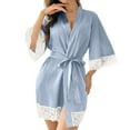 thumbnail image 1 of Women's Long Sleeve Lace Trimmed Robe with Tie Waist - Mid-Length Loose Nightgown for Home Relaxation, Breathable Sleepwear, Elegant Loungewear for Women,Light Blue S, 1 of 4