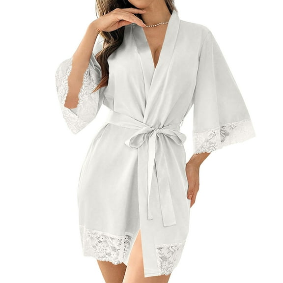 Women's Long Sleeve Lace Trimmed Robe with Tie Waist - Mid-Length Loose Nightgown for Home Relaxation, Breathable Sleepwear, Elegant Loungewear for Women,White S