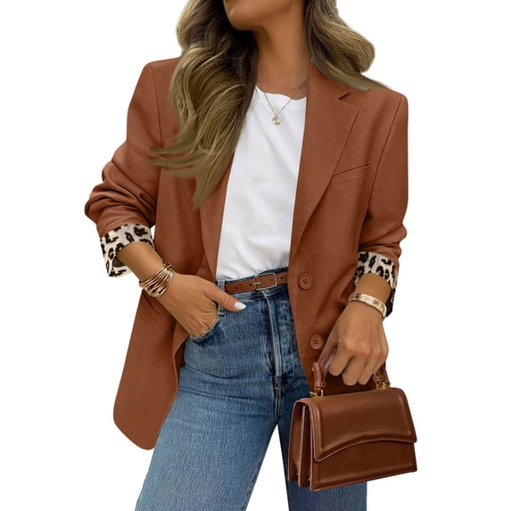 Women’s Long Sleeve Lapel Blazer with Leopard Print Cuffs Single Breasted Button Closure Classic Fit Jacket for Office or Casual Wear Brown S