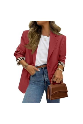 Women’s Long Sleeve Lapel Blazer with Leopard Print Cuffs Single Breasted Button Closure Classic Fit Jacket for Office or Casual Wear Red 2XL