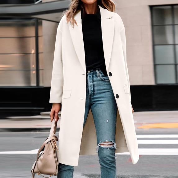 Women's Long Sleeve Lapel Button Down Casual Trench Coat Outwear Beige L